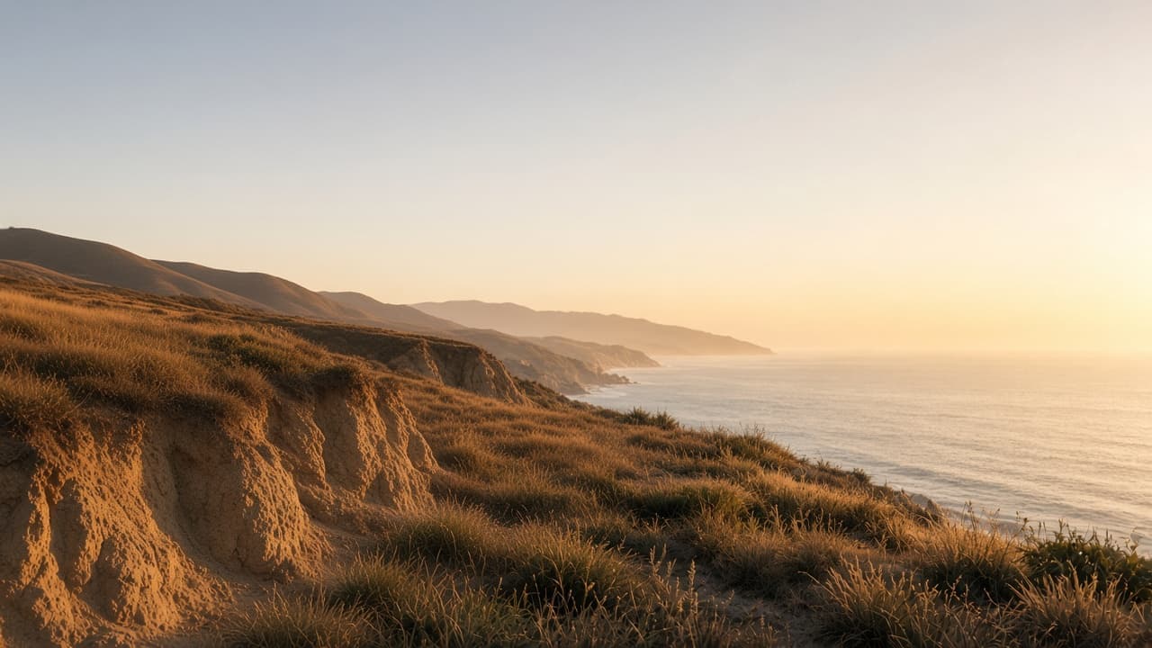 Dry coastal bluff above a hazy gold ocean