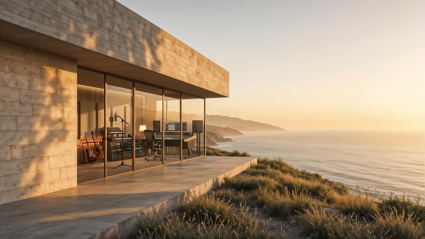 Concrete and glass house on a coastal bluff in warm sunset light