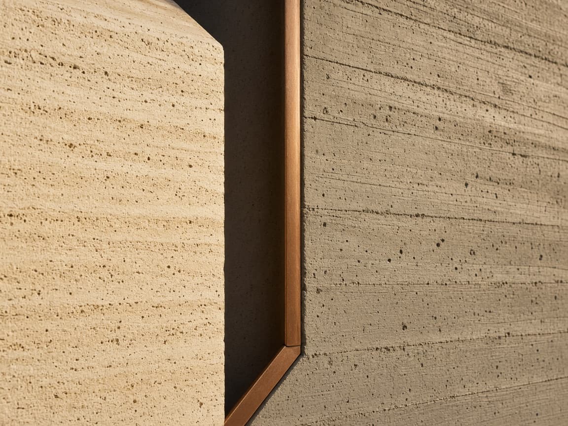 Limestone meeting board-formed concrete along a copper edge